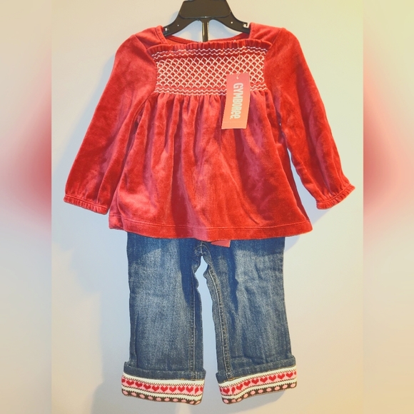 🆕️♥️❄️ Vintage Gymboree Winter Snowflake Outfit Smocked Velour Top Jeans 18-24 - Picture 10 of 10